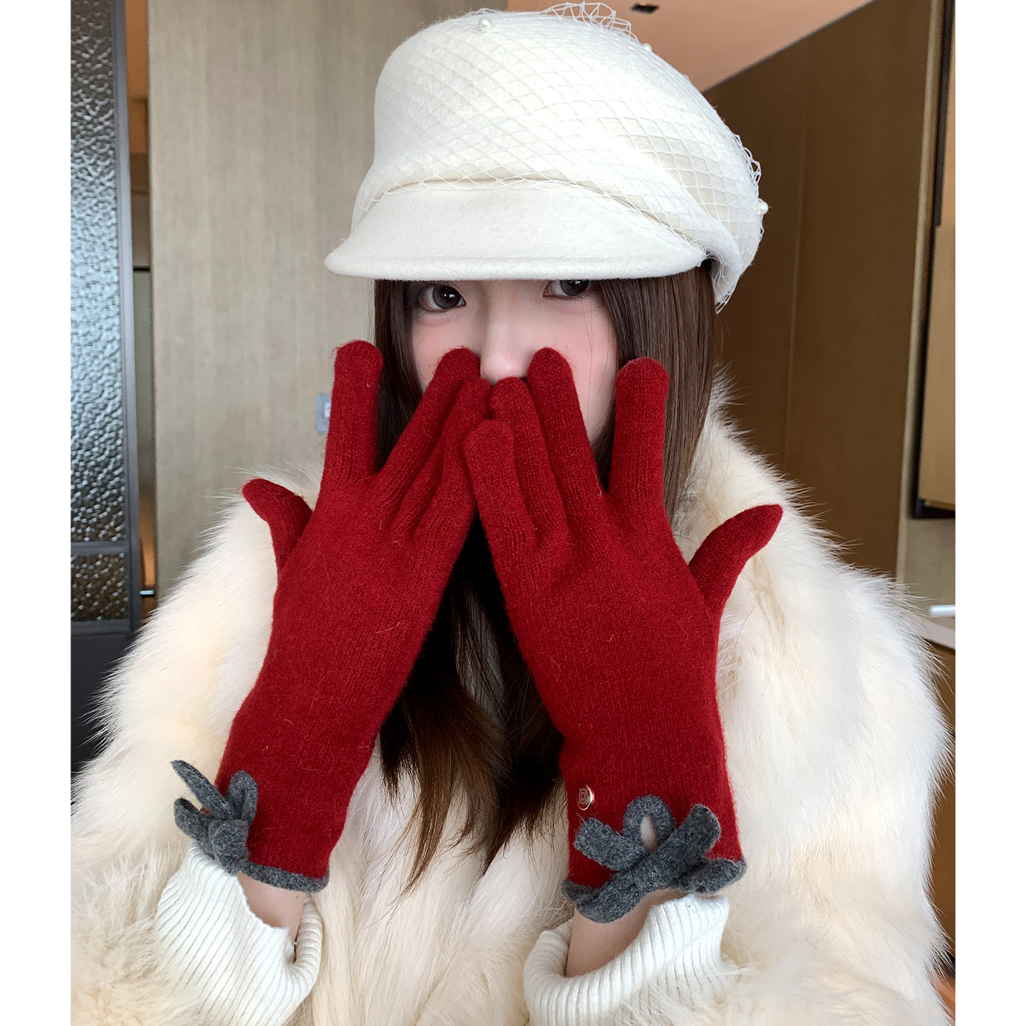 含羊毛新年红色针织蝴蝶结手套女冬季可触屏韩版气质保暖防寒分指,服饰配件/皮带/帽子/围巾,手套,淘宝优惠券,粉丝福利购,淘宝优惠卷