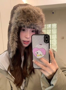 复古毛绒棕色护耳雷锋帽子女冬季大头围加厚保暖套头帽防寒飞行帽