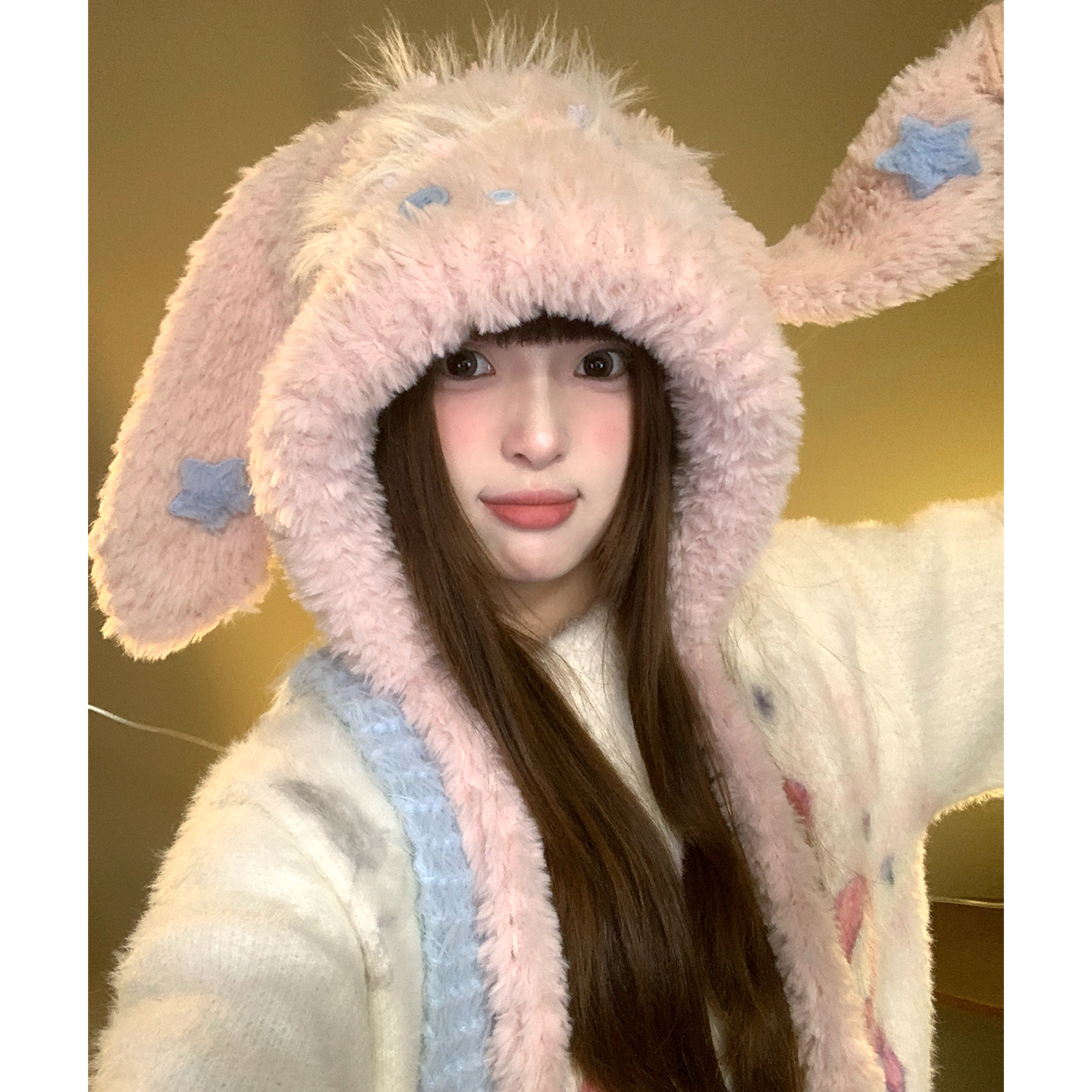 冬季毛绒星星兔耳朵针织套头帽女