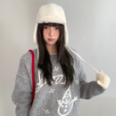 加绒加厚白色护耳雷锋帽子女秋冬季 显脸小防寒飞行帽保暖针织帽潮