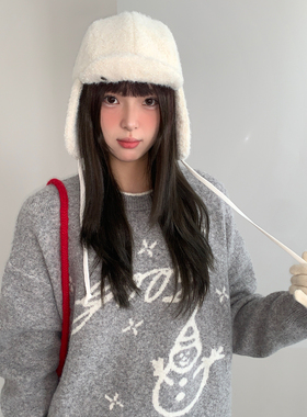 加绒加厚白色护耳雷锋帽子女秋冬季显脸小防寒飞行帽保暖针织帽潮