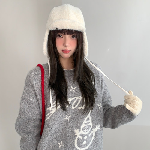 加绒加厚白色护耳雷锋帽子女