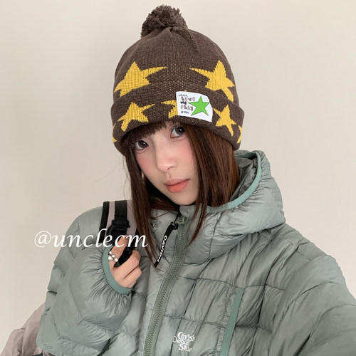 美式复古星星提花毛球针织帽