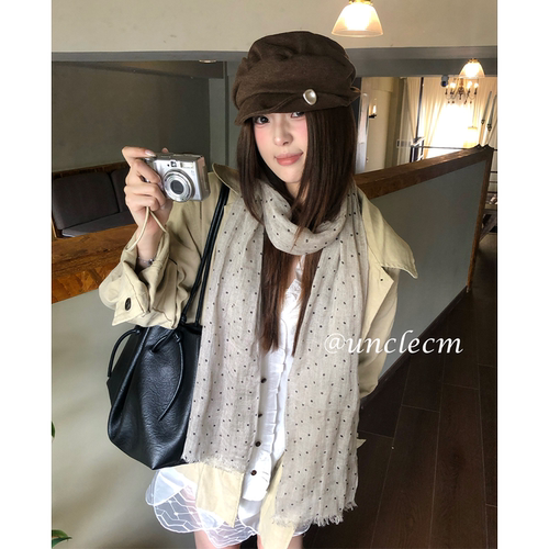 日系复古波点流苏亚麻围巾女
