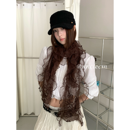 美拉德风长条蕾丝花朵薄款丝巾女