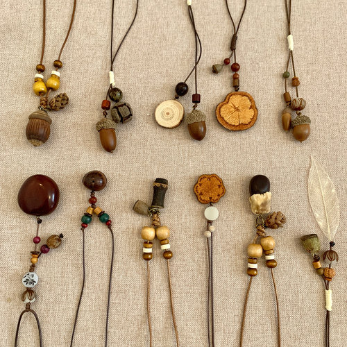 复古新中式橡果木质长款项链女