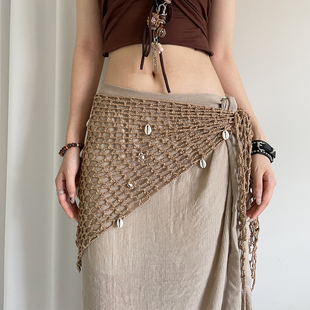 复古民族风手工钩织贝壳三角屁帘女废土风渔网头巾围巾小众腰封潮