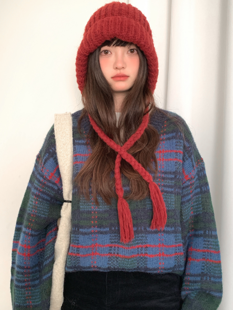 Blue Ear Protection Balaclava Hat for Women Winter Autumn and Winter New Large Head Circumference Warm Knitted Woolen Hat Red