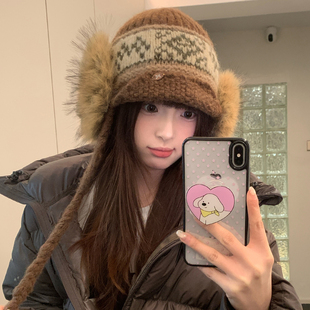 原创费尔岛毛绒针织雷锋帽子女款冬季大头围保暖护耳帽防寒毛线帽