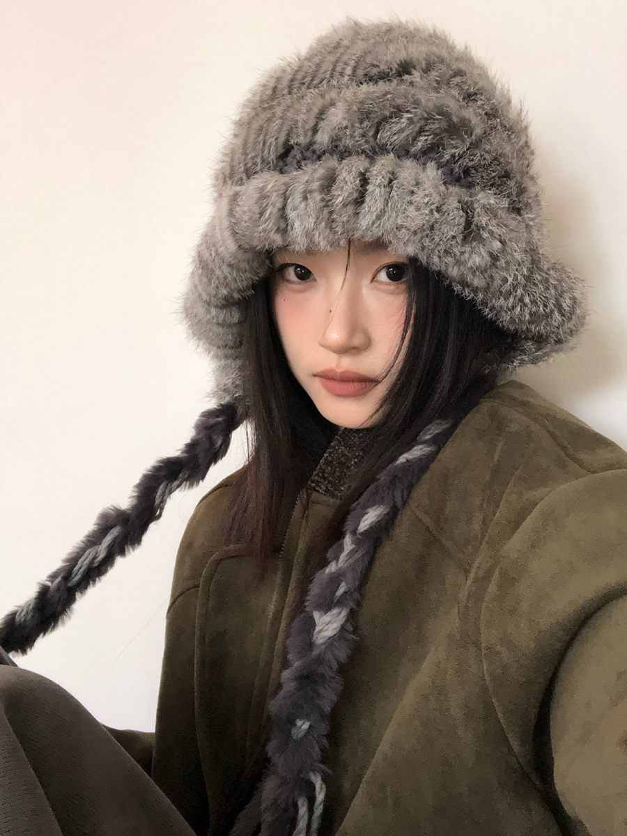 Rabbit Fur Blended Hat for Women in Autumn and Winter, Thickeneded Warm Woolen Hat, Cold-Proof Ear Protection, Face-Showing Small Baotou Hat, Pullover Hat