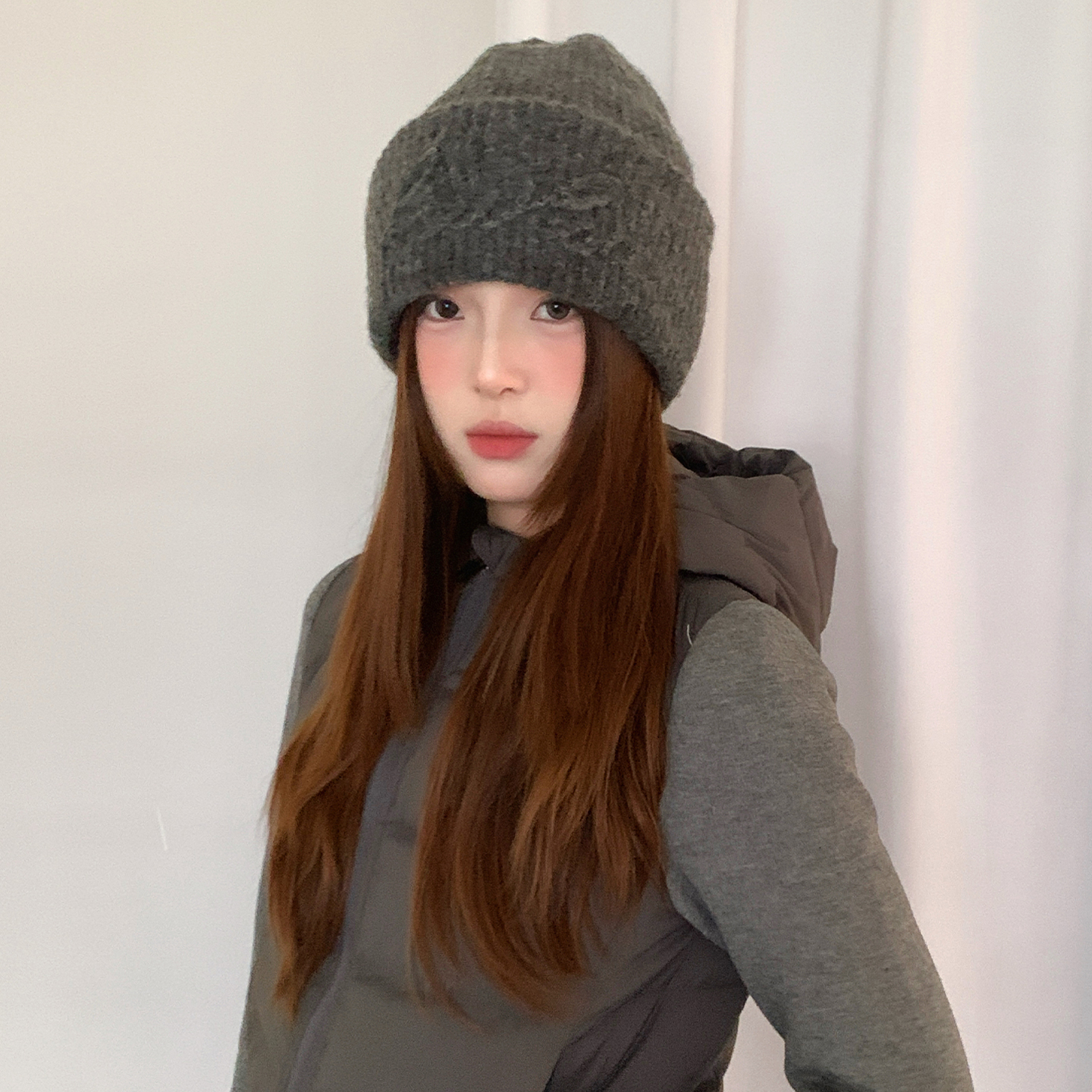 韩版灰色字母毛线帽子女冬季