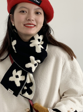 双面小花针织毛线围巾女秋冬季黑白色韩版百搭学生春秋仿羊绒围脖