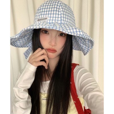 大帽檐蓝色格子渔夫帽子女