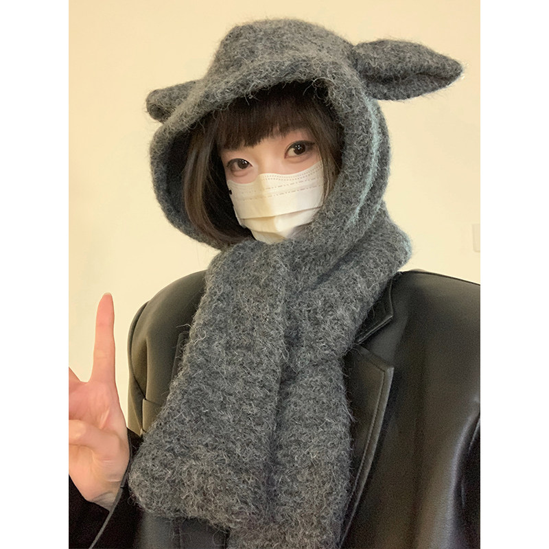 大头围可爱耳朵针织帽子围巾一体女秋冬保暖护颈围脖包头护耳帽子,服饰配件/皮带/帽子/围巾,帽子,淘宝优惠券,粉丝福利购,淘宝优惠卷
