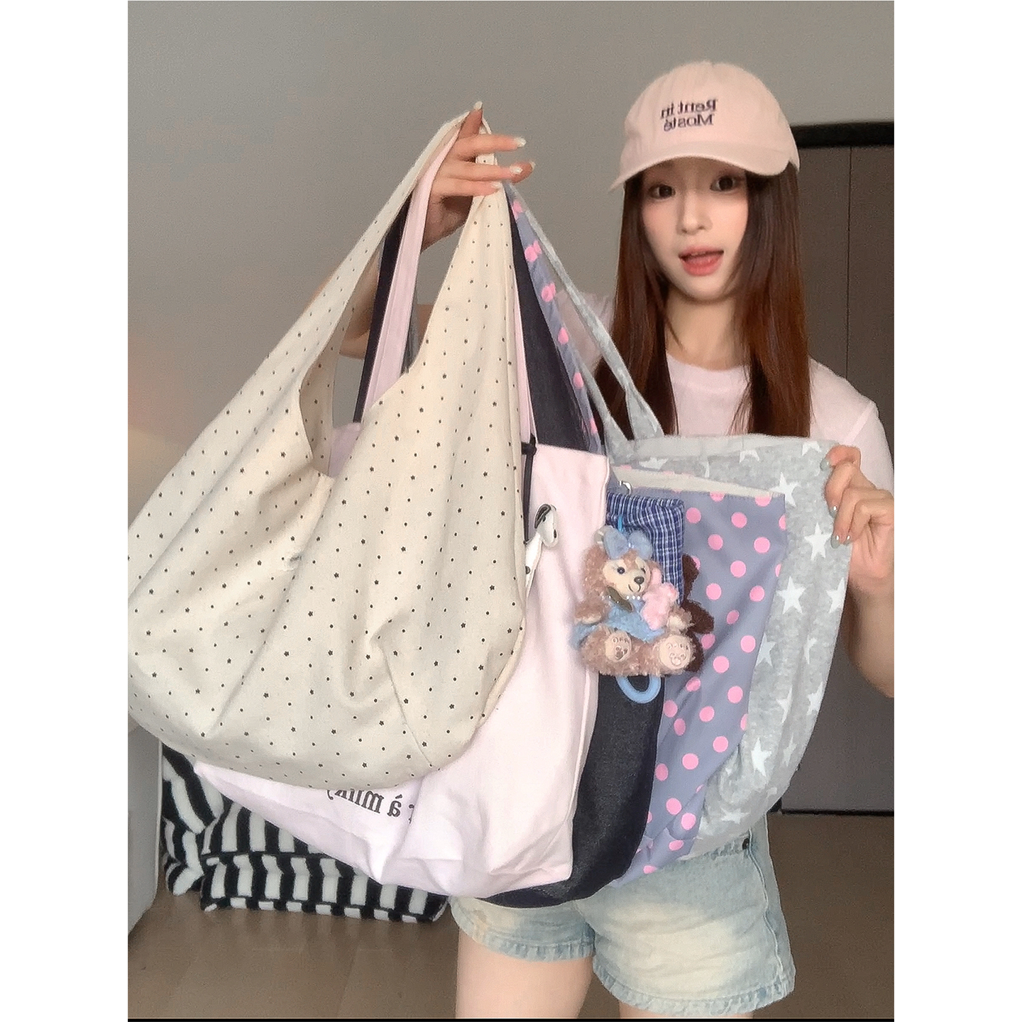 韩系波点字母印花双面背帆布包女图片