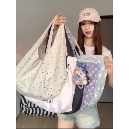 韩系波点字母印花双面背帆布包女