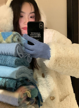 first love蓝色围巾女秋冬季韩版ins氛围感保暖百搭围脖护颈加厚