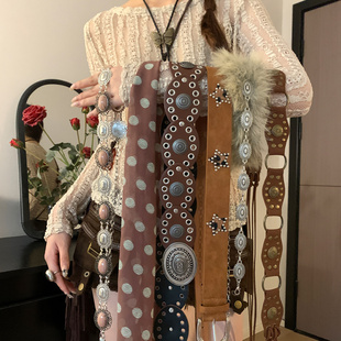 带装 复古波西米亚风铆钉腰带女小众民族风棕色皮带配裙子牛仔裤 饰
