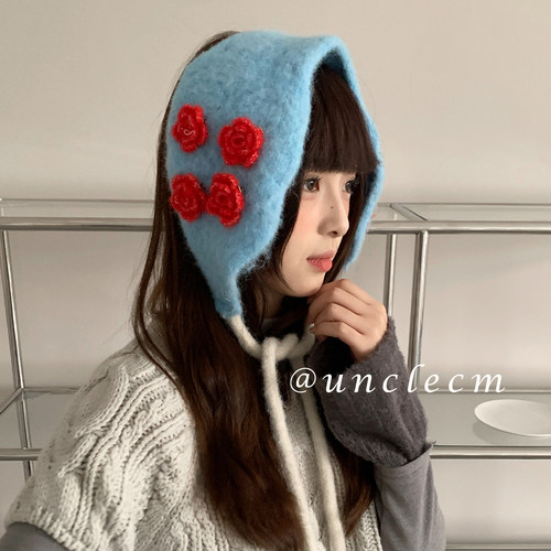 韩系手工钩织立体花朵系带耳罩女