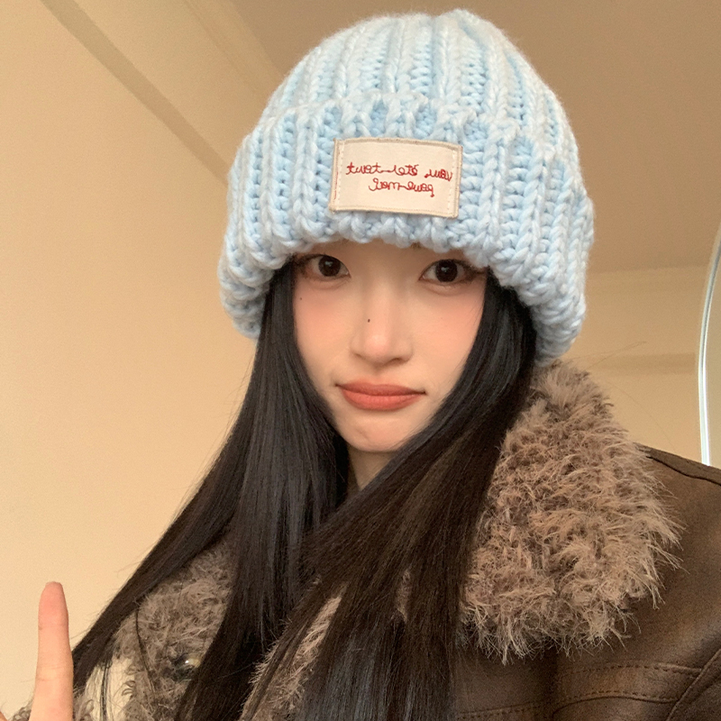 秋冬季韩系大头围蓝色针织帽女