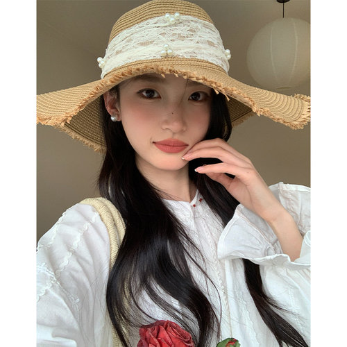 大帽檐蕾丝蝴蝶结编织草帽女