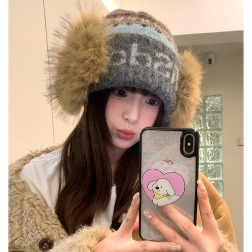 复古费尔岛提花毛绒针织帽子女冬