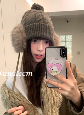 复古毛绒护耳毛线帽子女冬季新款大头围针织套头帽保暖防寒包头帽