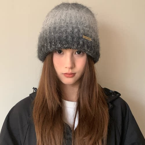 复古设计感渐变针织帽子女冬季