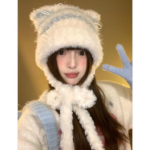 毛绒蝴蝶结猫耳朵毛线帽子女冬季