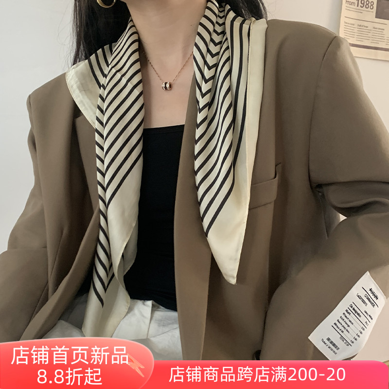 丝巾女士春秋款百搭条纹大方巾夏季薄款外搭防晒披肩小方巾围巾潮
