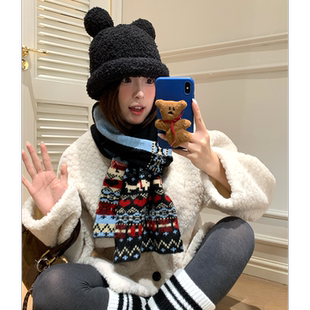 含羊毛复古费尔岛可爱小狗针织围巾女秋冬季 保暖双面提花围脖防寒