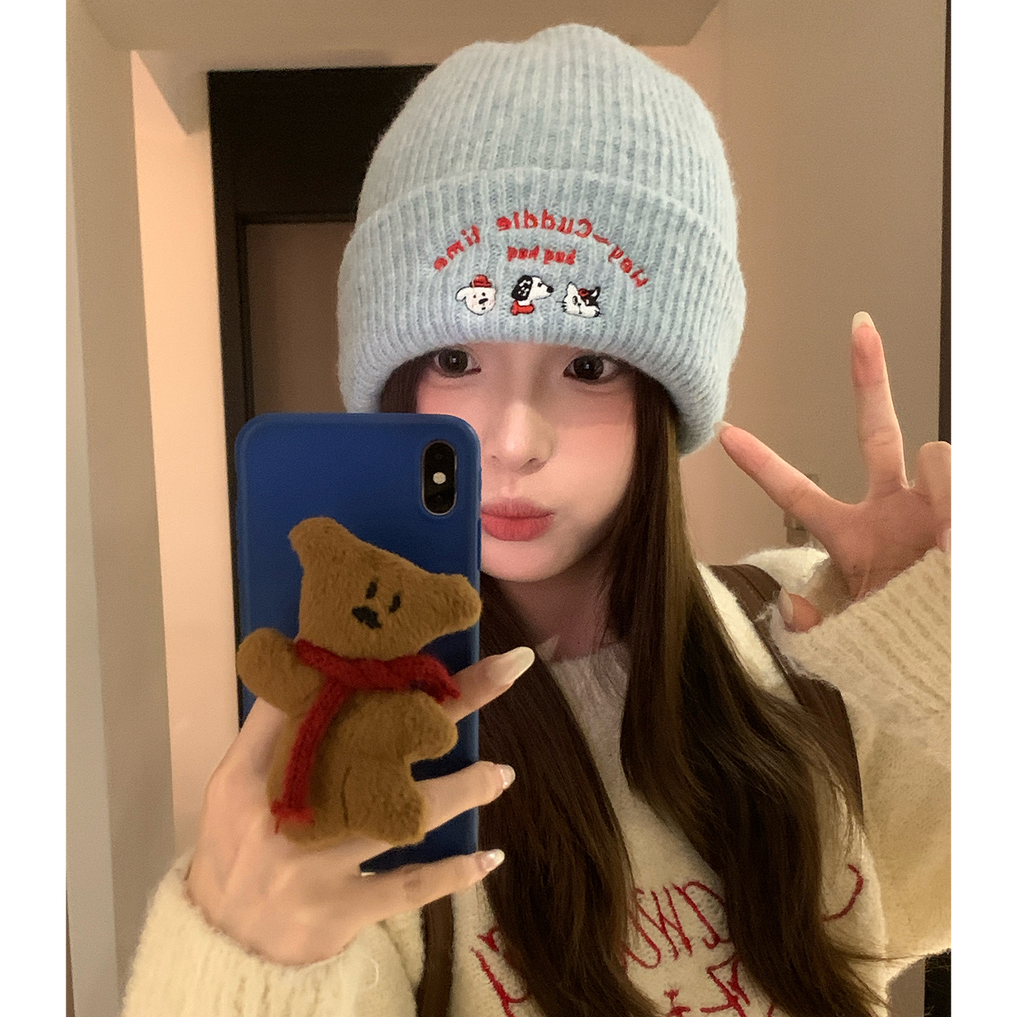 可爱卡通刺绣小狗针织帽子女