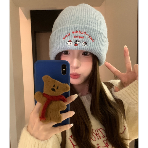 可爱卡通刺绣小狗针织帽子女