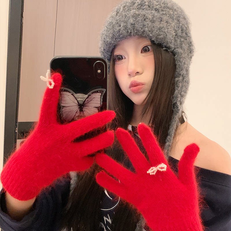珍珠蝴蝶结兔毛针织手套女秋冬季新款加厚保暖可触屏防寒分指手套