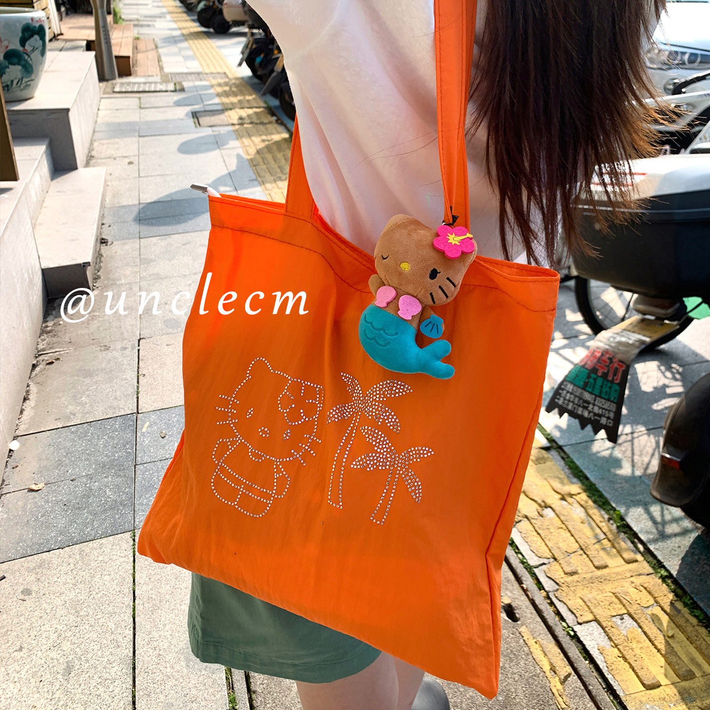 韩系可爱小猫烫钻橙色帆布包女图片