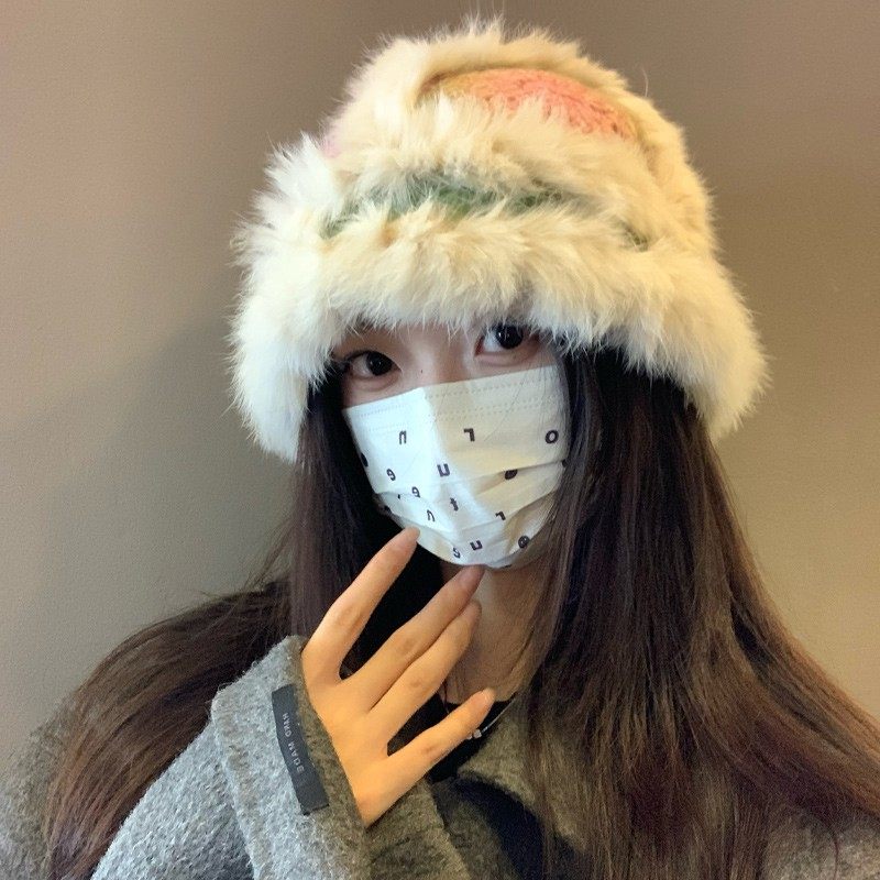 兔毛保暖针织毛绒渔夫帽子女可爱显脸小护耳醒狮帽秋冬大头围盆帽