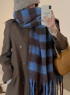 加长格子围巾女生冬季2025新款保暖加厚围脖学生披肩两用韩版蓝色