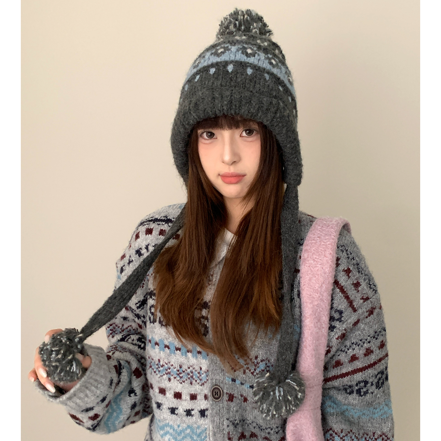 冬季复古费尔岛提花针织套头帽女