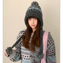 复古费尔岛提花针织套头帽子女款 大头围护耳毛线帽保暖雷锋帽 冬季