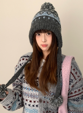 复古费尔岛提花针织套头帽子女款冬季大头围护耳毛线帽保暖雷锋帽