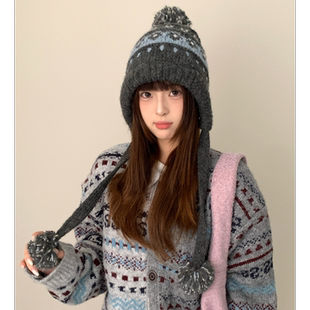 复古费尔岛提花针织套头帽子女款 大头围护耳毛线帽保暖雷锋帽 冬季