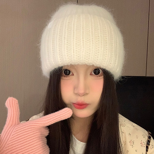 韩版氛围感秋冬兔毛混纺毛线帽女