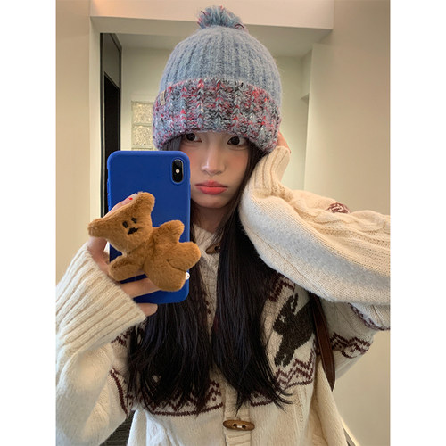 秋冬季韩系撞色毛球毛线帽女