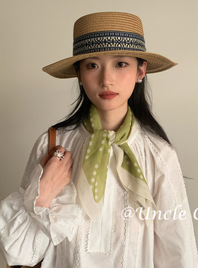 法式绿色波点丝巾女夏季薄款系脖领巾防晒护颈小方巾高级感小围巾