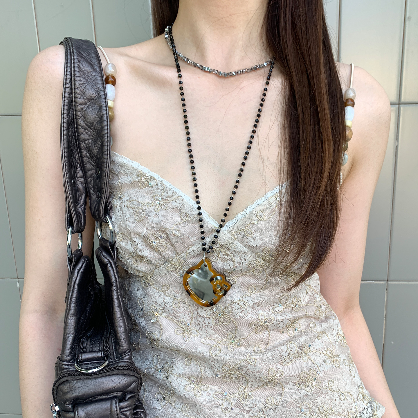 设计感豹纹小猫镜子吊坠项链女