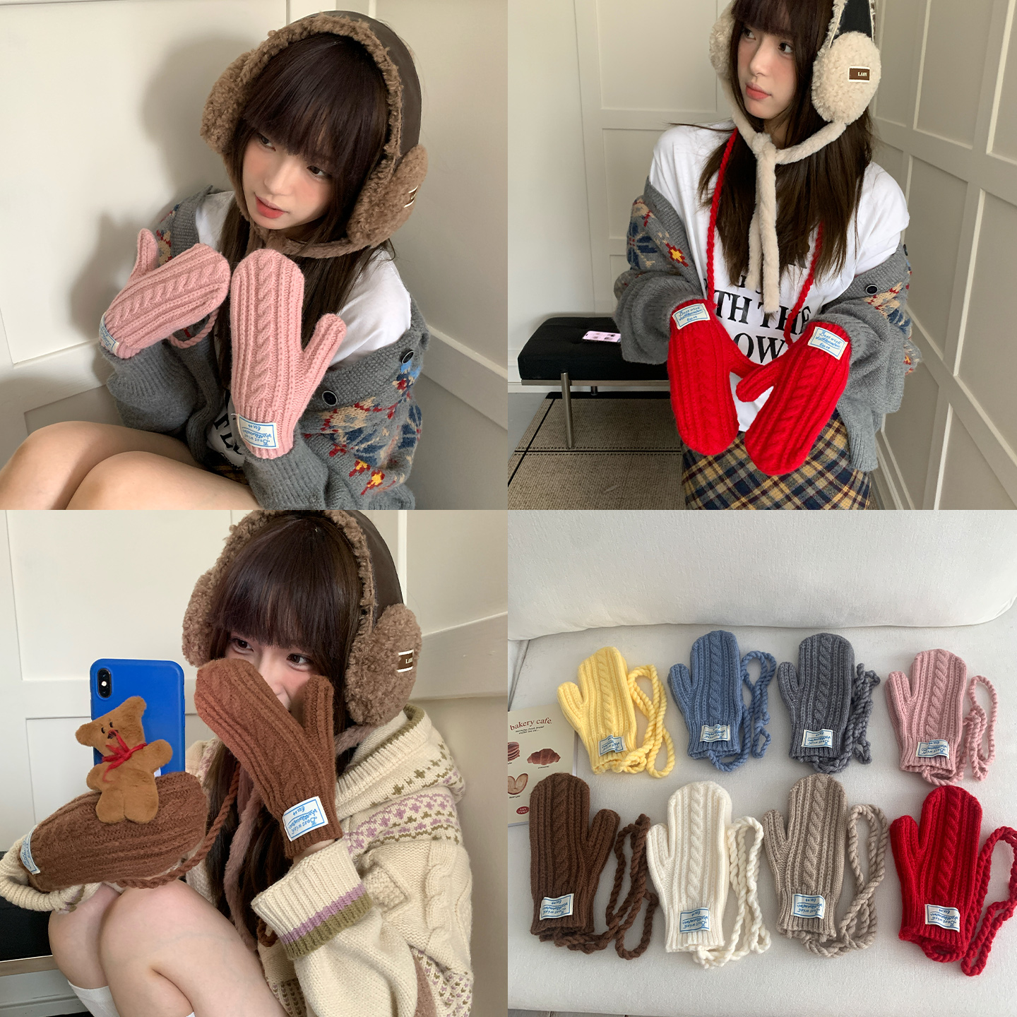 可触屏韩系多巴胺毛线连指手套女