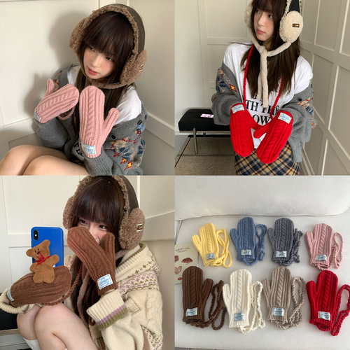 可触屏韩系多巴胺毛线连指手套女