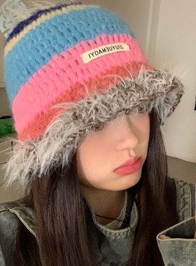 女秋冬毛绒绒毛线针织帽保暖