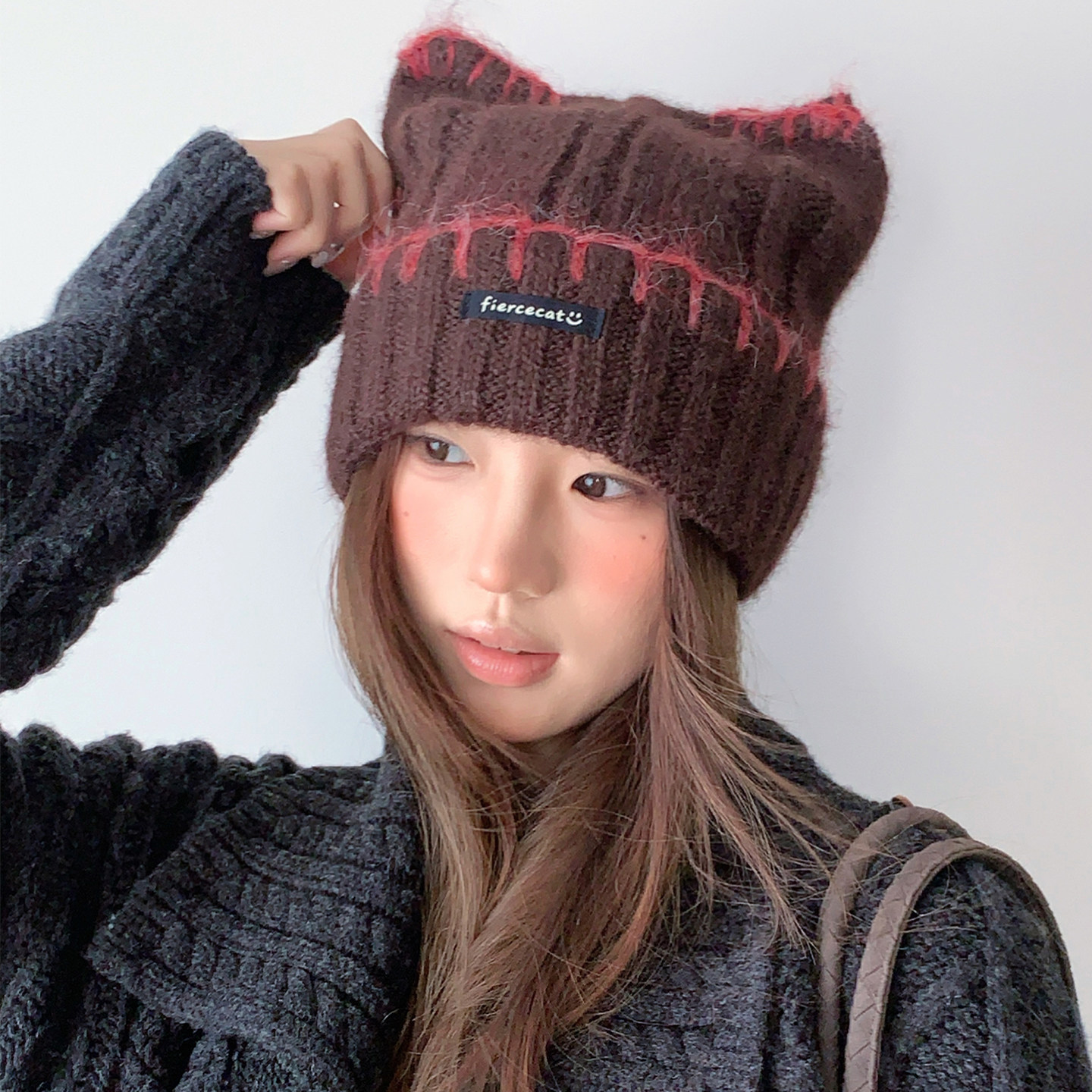甜美可爱撞色缝线猫耳朵针织帽子女2026年冬季保暖毛线帽包头冷帽