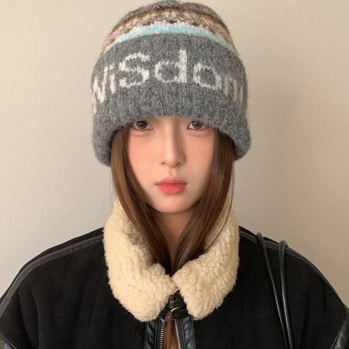 复古费尔岛提花字母针织帽子女